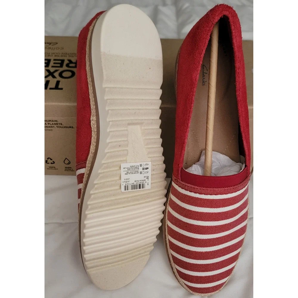 Clarks Red White Stripe Espadrille Slip On Flats‎ Women Size 9 Comfort Shoes